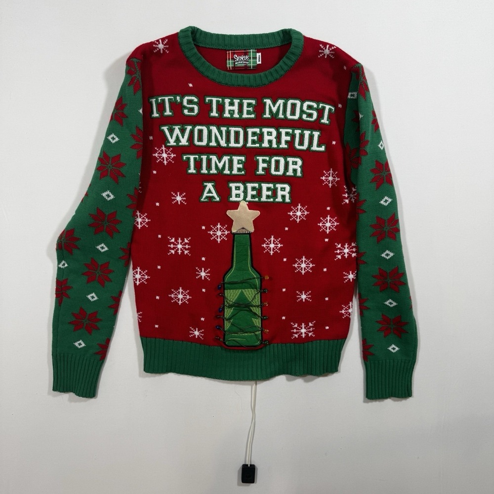 It's the Most Wonderful Time for a Beer Red Xmas Ugly Christmas Sweater S Lights - Picture 2 of 9